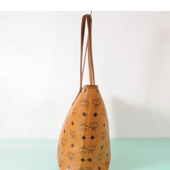 MCM Authentic Visetos  Shopper Tote Bag Yellow Gold Cognac Brown Blue Striped - Picture 15 of 16